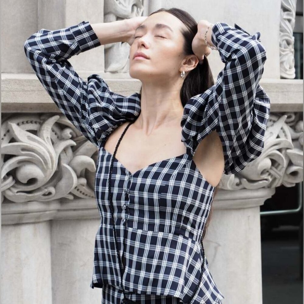 Mr. Larkin Plaid Puff-Sleeve Blouse | Sweetheart Neckline, Navy & White L